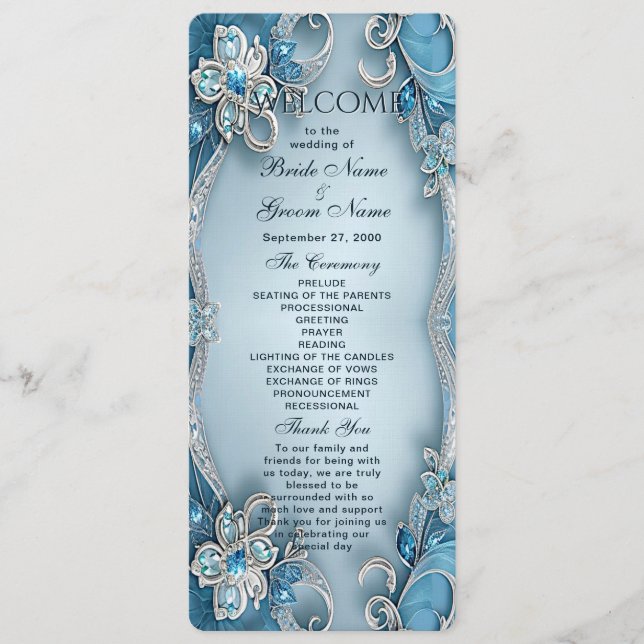 Programa de Boda Floral Ornate Azul (Anverso)