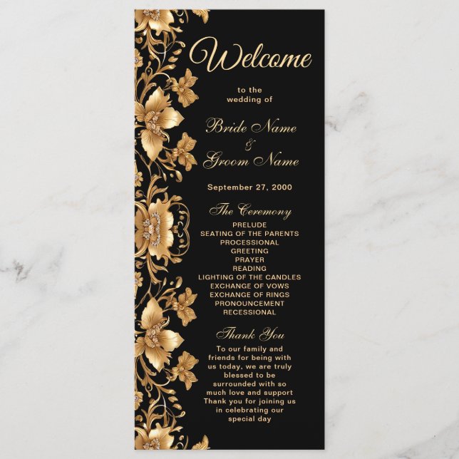 Programa de Boda Floral Ornate de Oro Negro (Anverso)