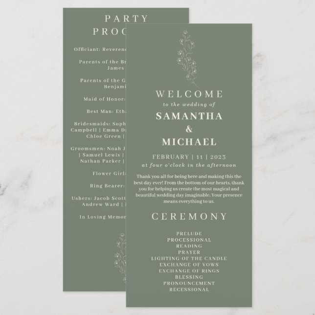 Programa de Boda Floral Pequeño Flor de Verde Salv (Anverso / Reverso)