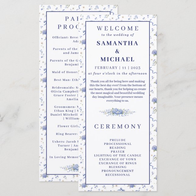 Programa de Boda Floral Pequeño Flores Azul Marino (Anverso / Reverso)