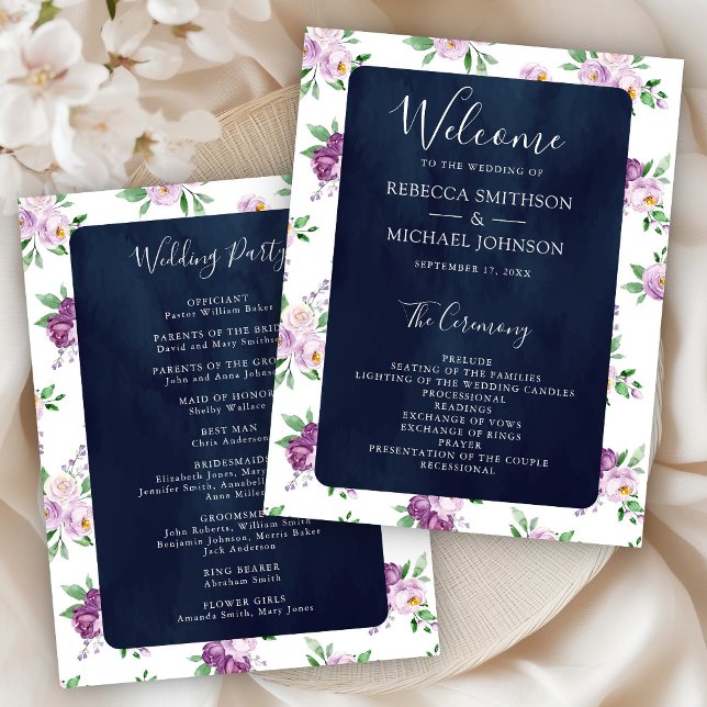 Programa de Boda Floral Púrpura Rústico Azul Marin (Subido por el creador)