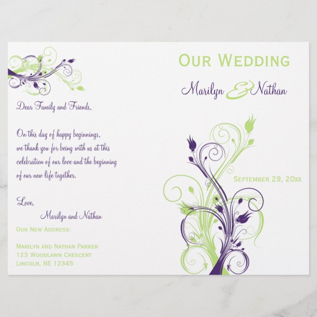 Programa de Boda Floral Púrpura, Verde y Blanca (Anverso)
