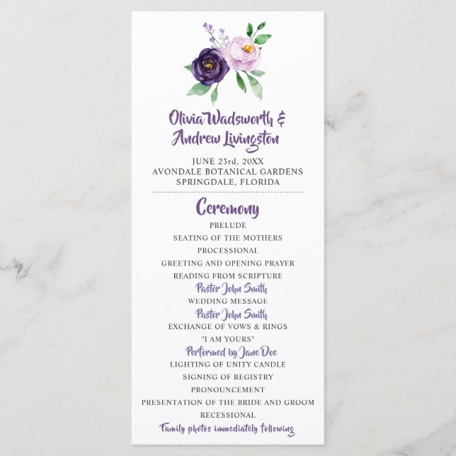 Programa de Boda Floral Púrpura y Lavender (Anverso)