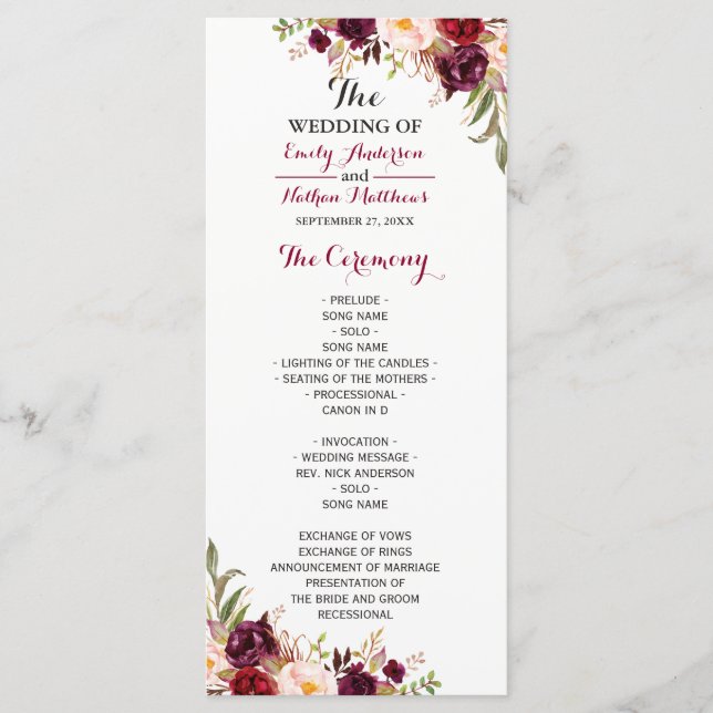 Programa de Boda Floral Rojo Borgoña (Anverso)