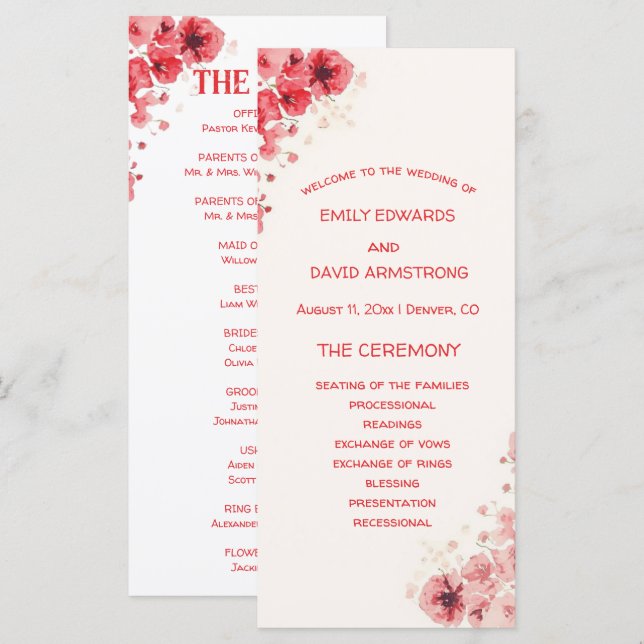 Programa de Boda Floral Rojo Romántico (Anverso / Reverso)
