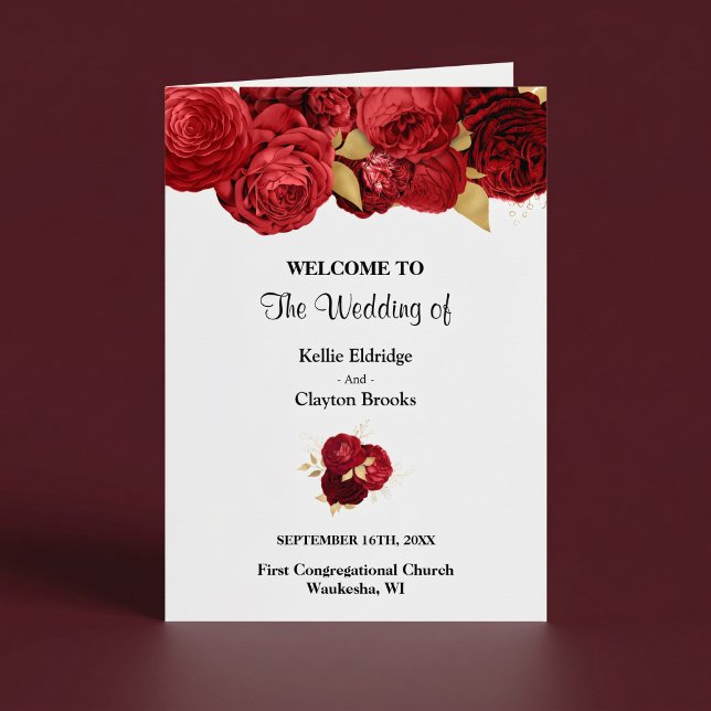 Programa de boda floral rojo y dorado doblado (Subido por el creador)