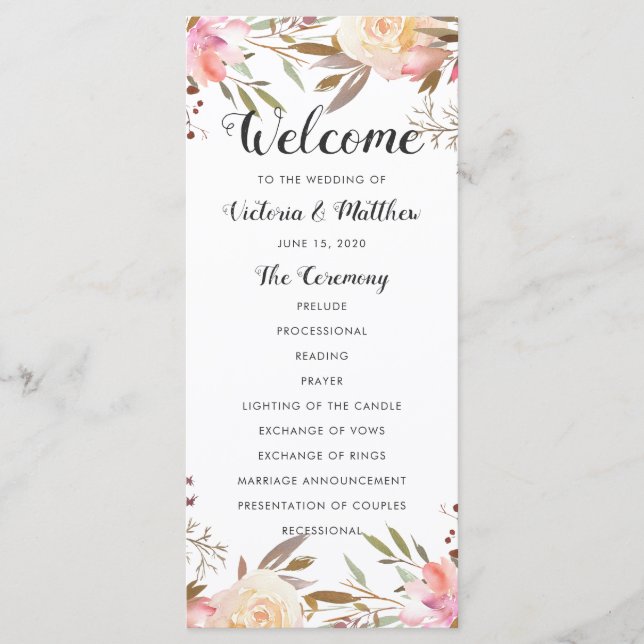 Programa de Boda Floral Romántico Rubor Florido (Anverso)