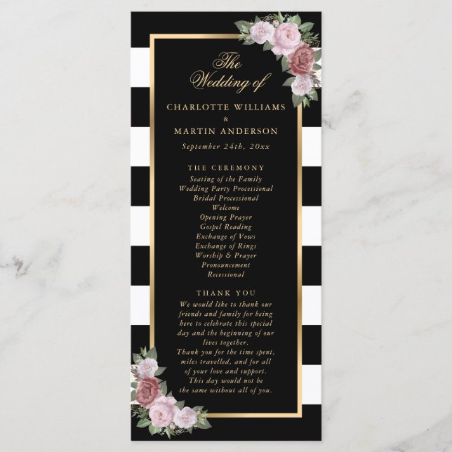 Programa de Boda Floral Rosa Black Gold de Rubor (Anverso)