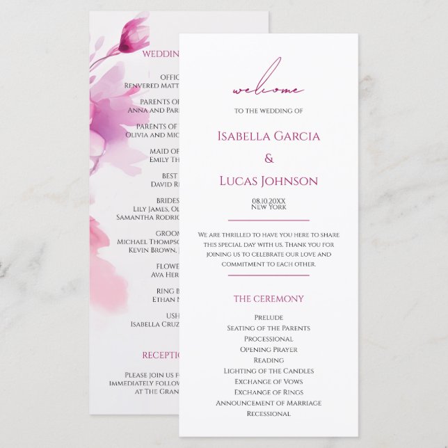 Programa de Boda Floral Rosa de Acuarela (Anverso / Reverso)