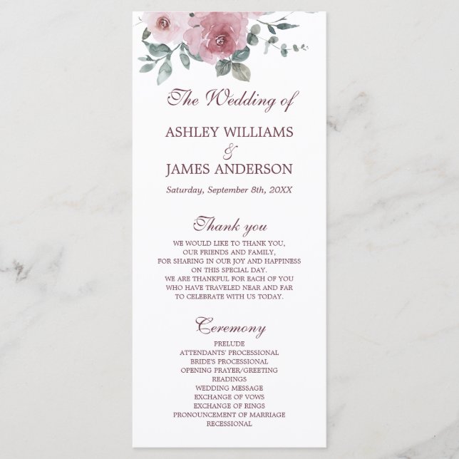 Programa de Boda Floral Rosa Dusty Burgundy (Anverso)