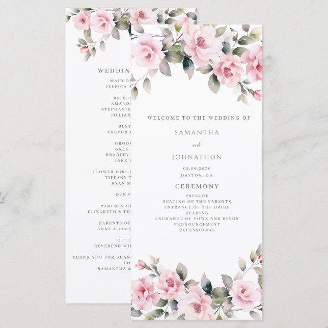 Programa de boda floral rosa elegante tarjeta plan (Anverso / Reverso)