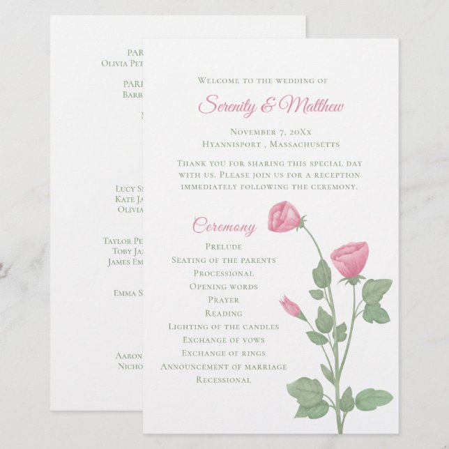 Programa de Boda Floral Rosa Jardín de Flores de P (Anverso / Reverso)