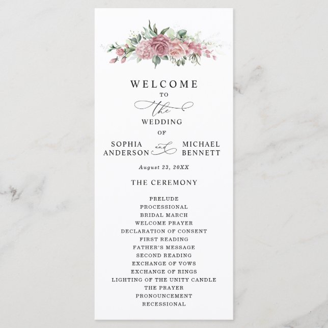 Programa de Boda Floral Rosa Polvoriento (Anverso)