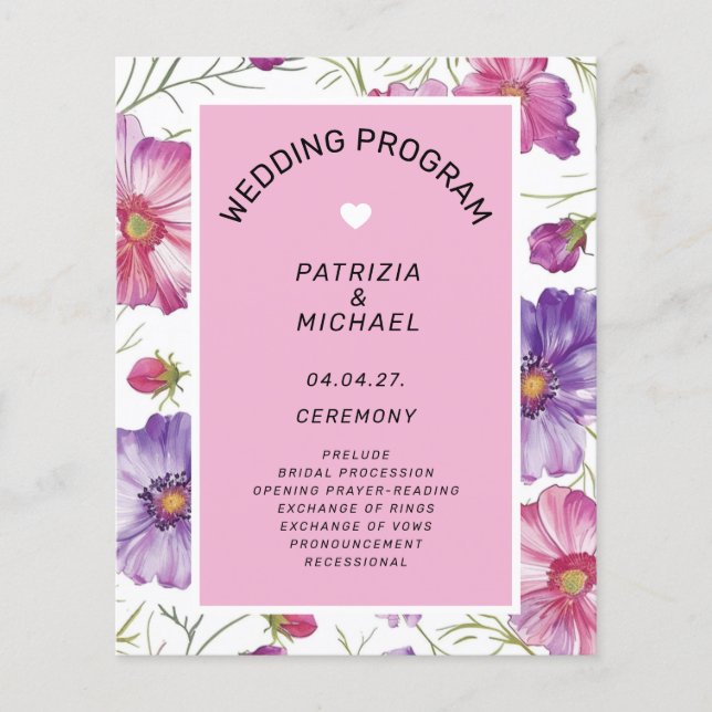 Programa de Boda Floral Rosa Purpura Moderno (Frente)