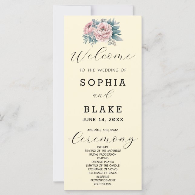 Programa de Boda Floral Rosa Romántico Amarillo (Anverso)