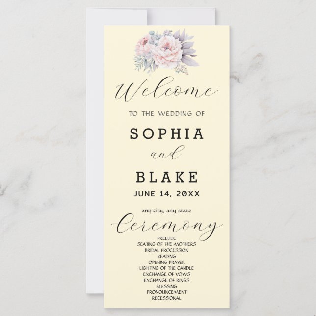 Programa de Boda Floral Rosa Romántico Amarillo (Anverso)