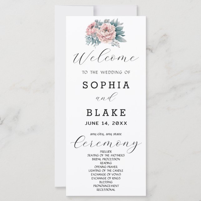 Programa de Boda Floral Rosa Romántico Blanco (Anverso)