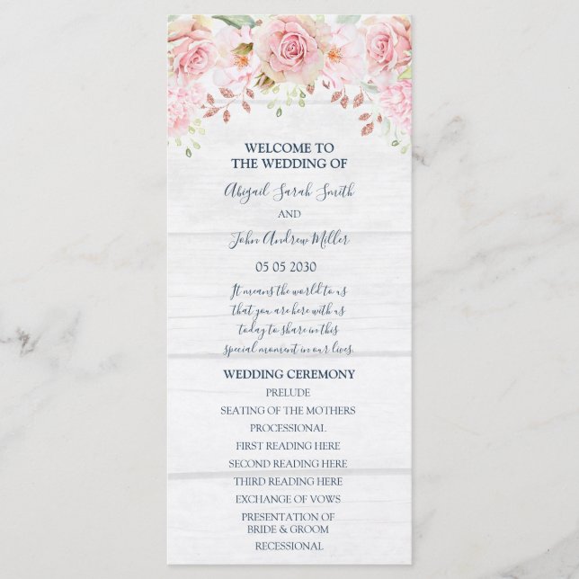 Programa de Boda Floral Rosa Rústico de Primavera (Anverso)