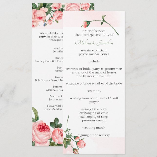 Programa de Boda Floral Rosa Sonrojado (Anverso / Reverso)