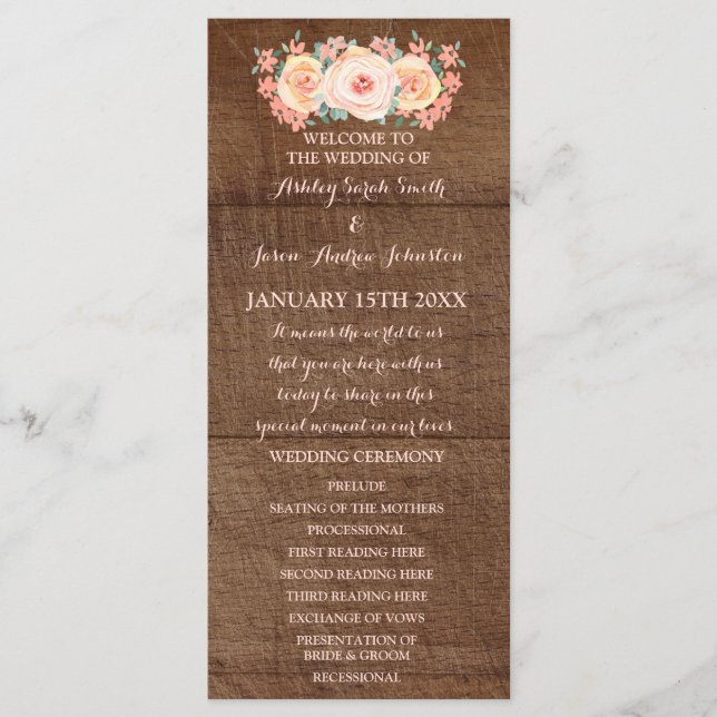 Programa de Boda Floral Rustic Wood Peach (Anverso)