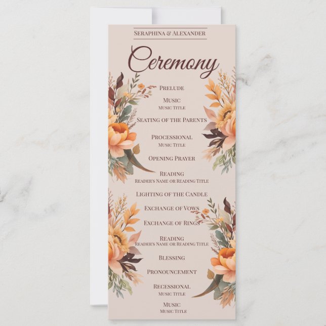 Programa de Boda Floral Rústico Acuarela de Otoño (Anverso)