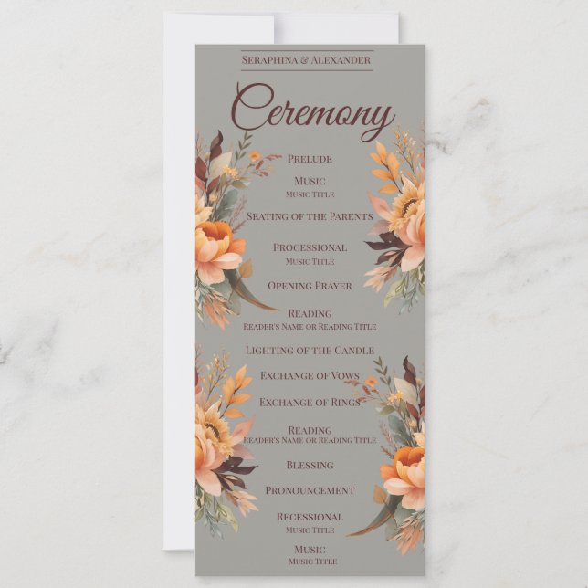 Programa de Boda Floral Rústico Acuarela de Otoño (Anverso)