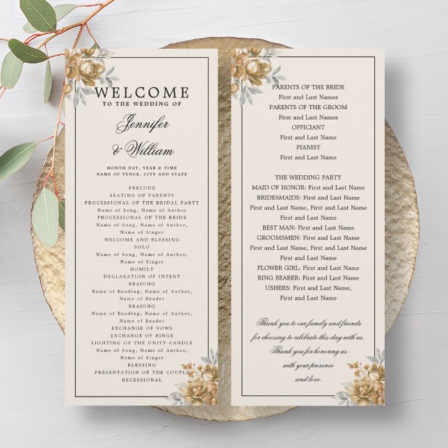 Programa de Boda Floral Rústico Natural Dorado (Wedding Program Gold Natural Rustic Floral)