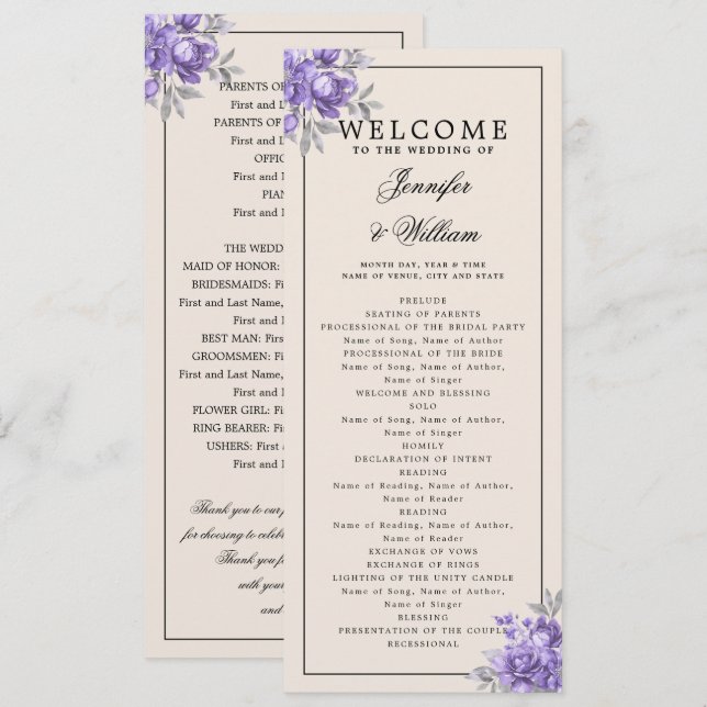 Programa de Boda Floral Rústico Natural Púrpura (Anverso / Reverso)