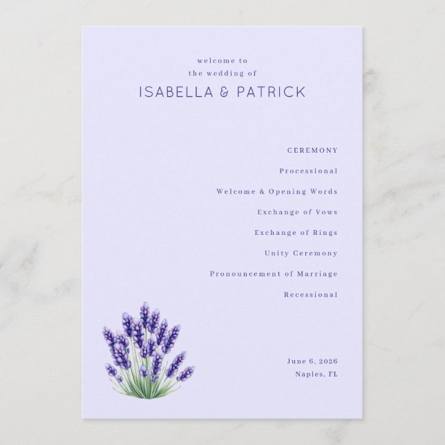 Programa de Boda Floral Sereno de Lavanda (Anverso)