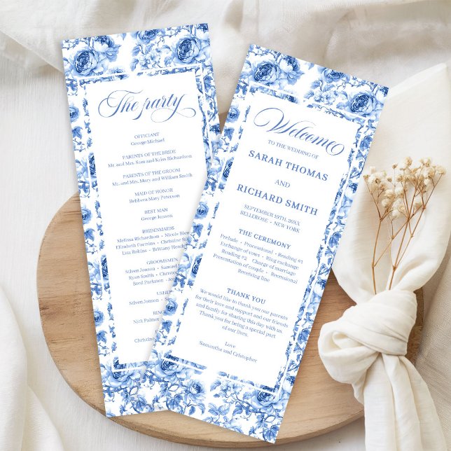 Programa de Boda Floral Toile Azul Chic (Chic Navy Blue Floral Toile Wedding Program)
