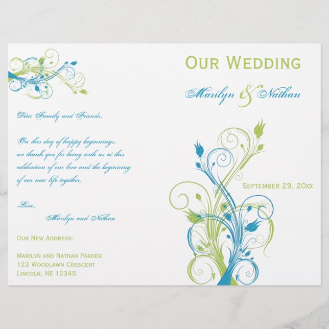Programa de Boda Floral Turquesa, Verde y Blanca (Anverso)