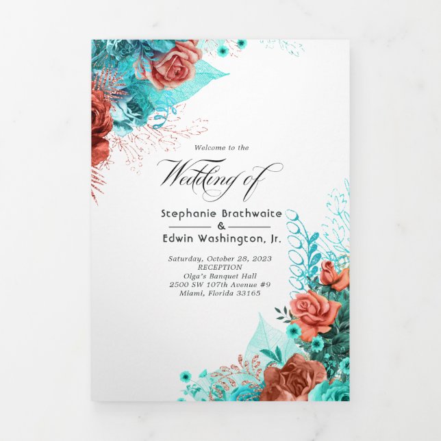 Programa de Boda Floral Turquesa y Coral (Foto de portada)