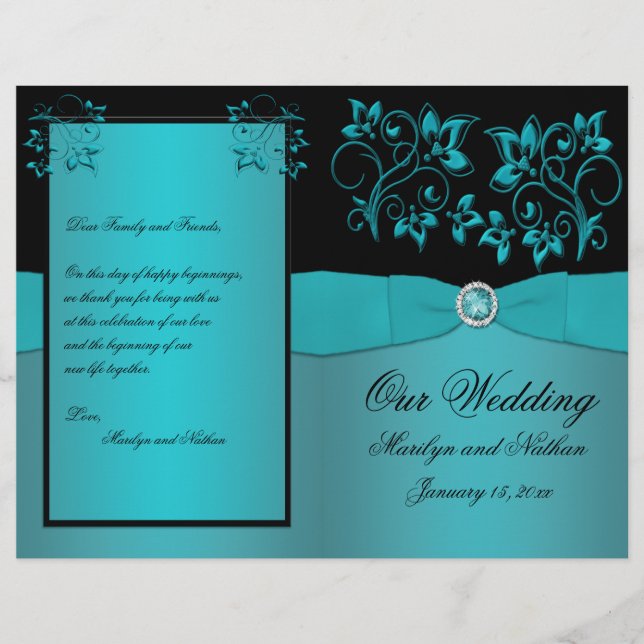 Programa de Boda Floral verde azulada y Negra (Anverso)
