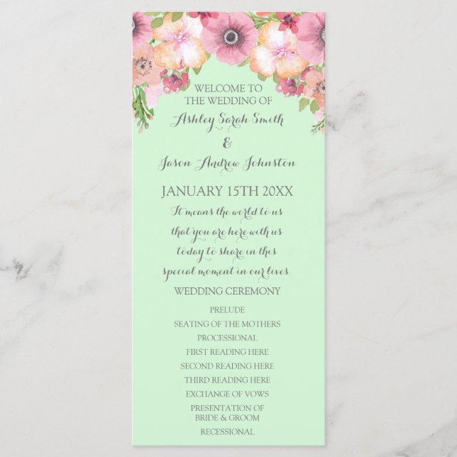 Programa de Boda Floral Verde Mint (Anverso)