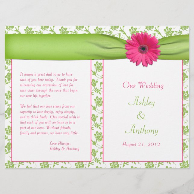 Programa de Boda Floral Verde Pink Gerbera Daisy (Anverso)