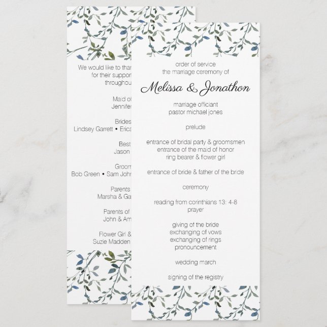 Programa de Boda Floral Verde Plateado Sage (Anverso / Reverso)