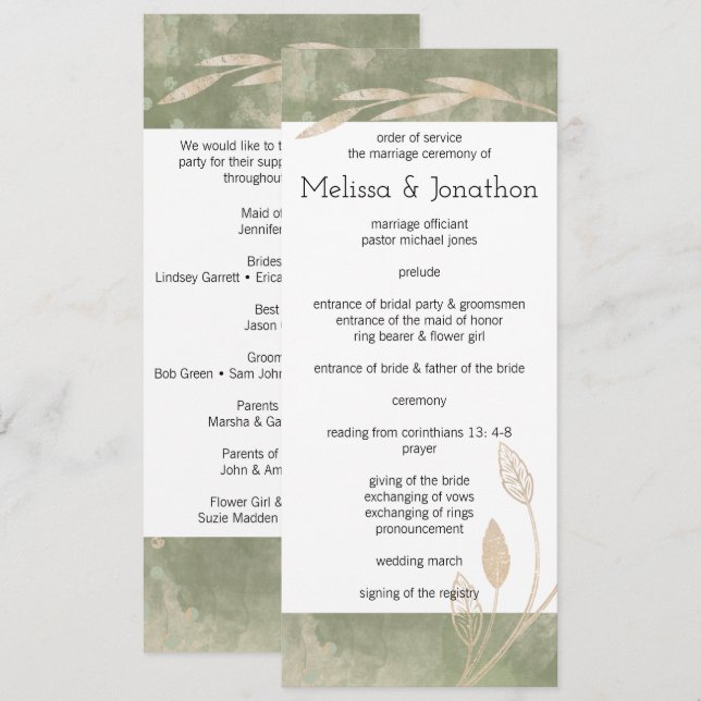Programa de Boda Floral Verde Sabio Dorado (Anverso / Reverso)