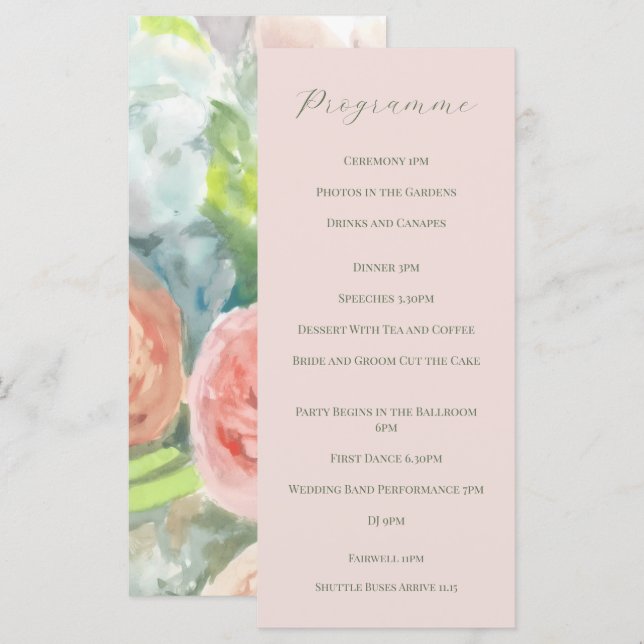 Programa de boda floral verde y rosa opaco en la p (Anverso / Reverso)