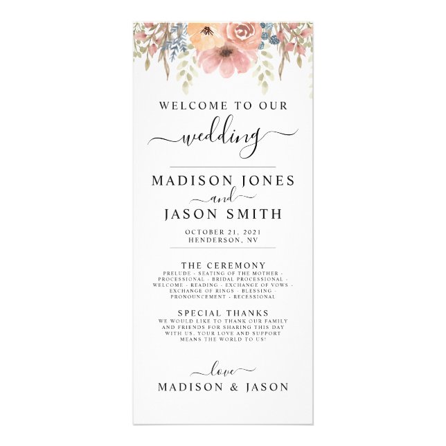 Programa de Boda Floral Vintage Dusty Rosa (Frente)