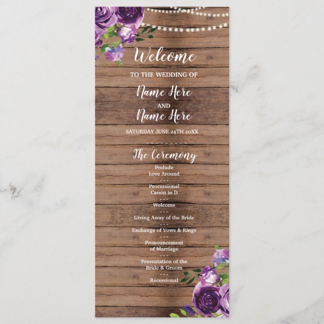 Programa de Boda Flores Purpúreas Madera Floral Rú (Anverso)