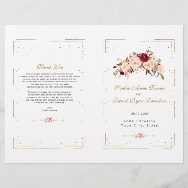 Programa de Boda Flores Rosadas Chic Dorado (Anverso)