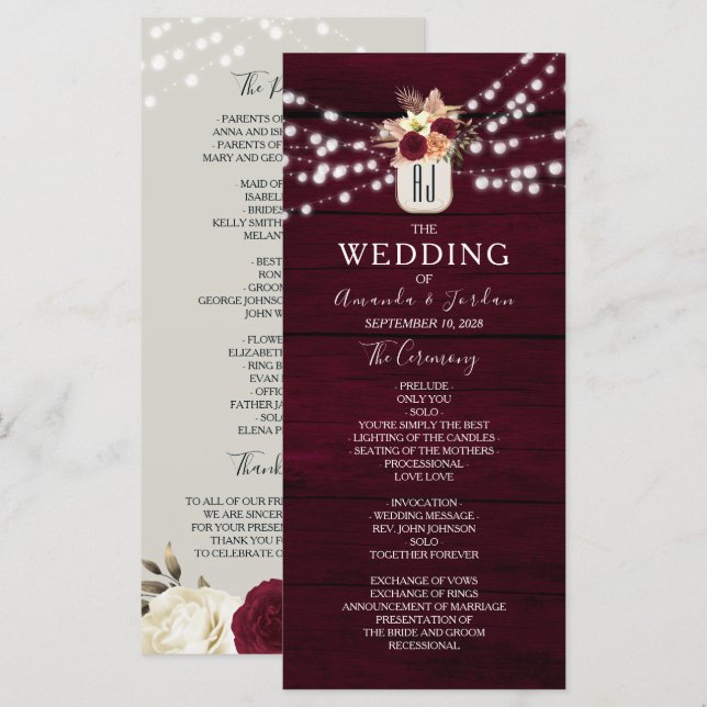 Programa de Boda Flores Rústicas Borgoña (Anverso / Reverso)