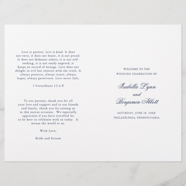 Programa de Boda Formal Azul Marino Tradicional (Anverso)