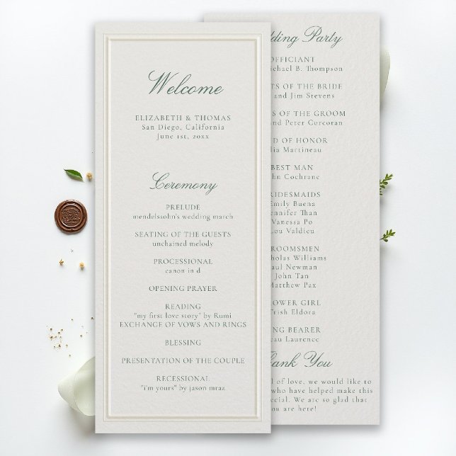 Programa de Boda Formal Clásico Verde Ecru (modern classic wedding program forest green type double frame formal traditional stately ecru)