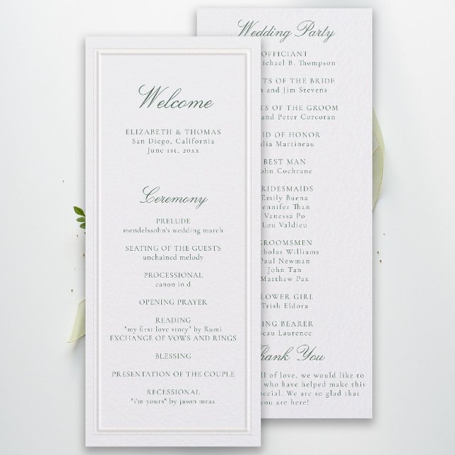 Programa de Boda Formal Clásico Verde Perla Marco (modern classic wedding program forest green type double frame formal traditional stately pearl)