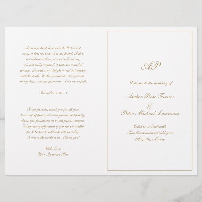 Programa de Boda Formal de Monograma Dorado Elegan (Anverso)
