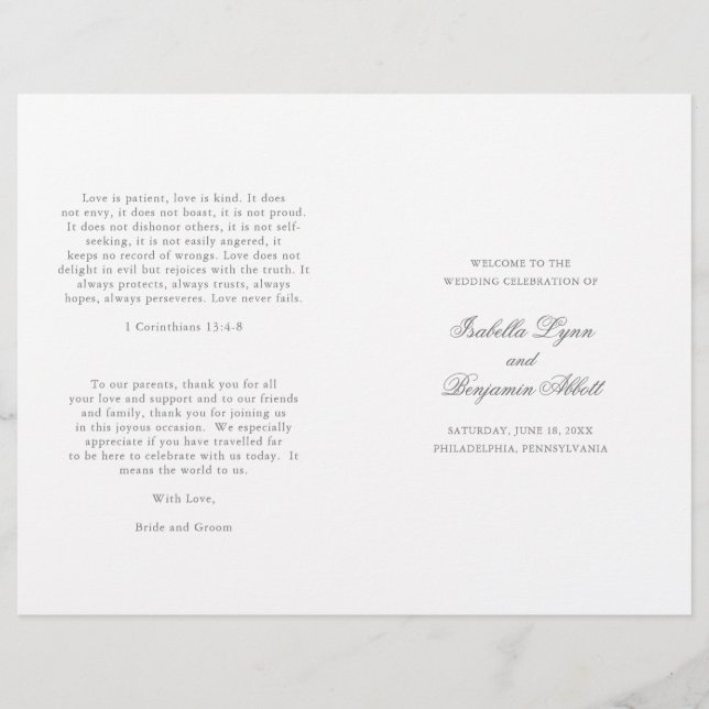 Programa de Boda Formal Elegante Gris Tradicional (Anverso)