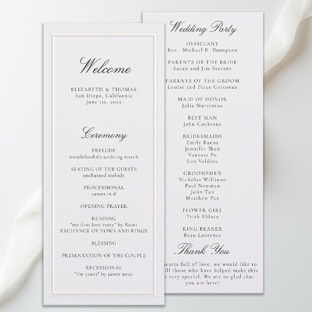 Programa de Boda Formal Moderno Clásico con Marco  (modern classic wedding program pearl double frame elevated formal traditional calligraphy stately)