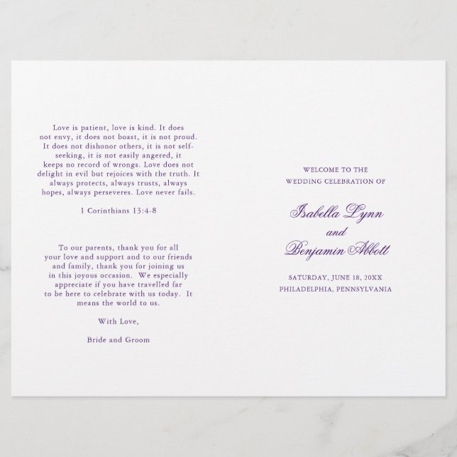 Programa de Boda Formal Morado Tradicional Elegant (Anverso)