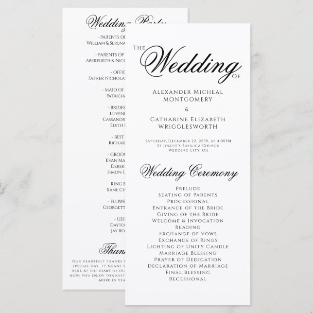 Programa de Boda Formal Negro Blanco (Anverso / Reverso)